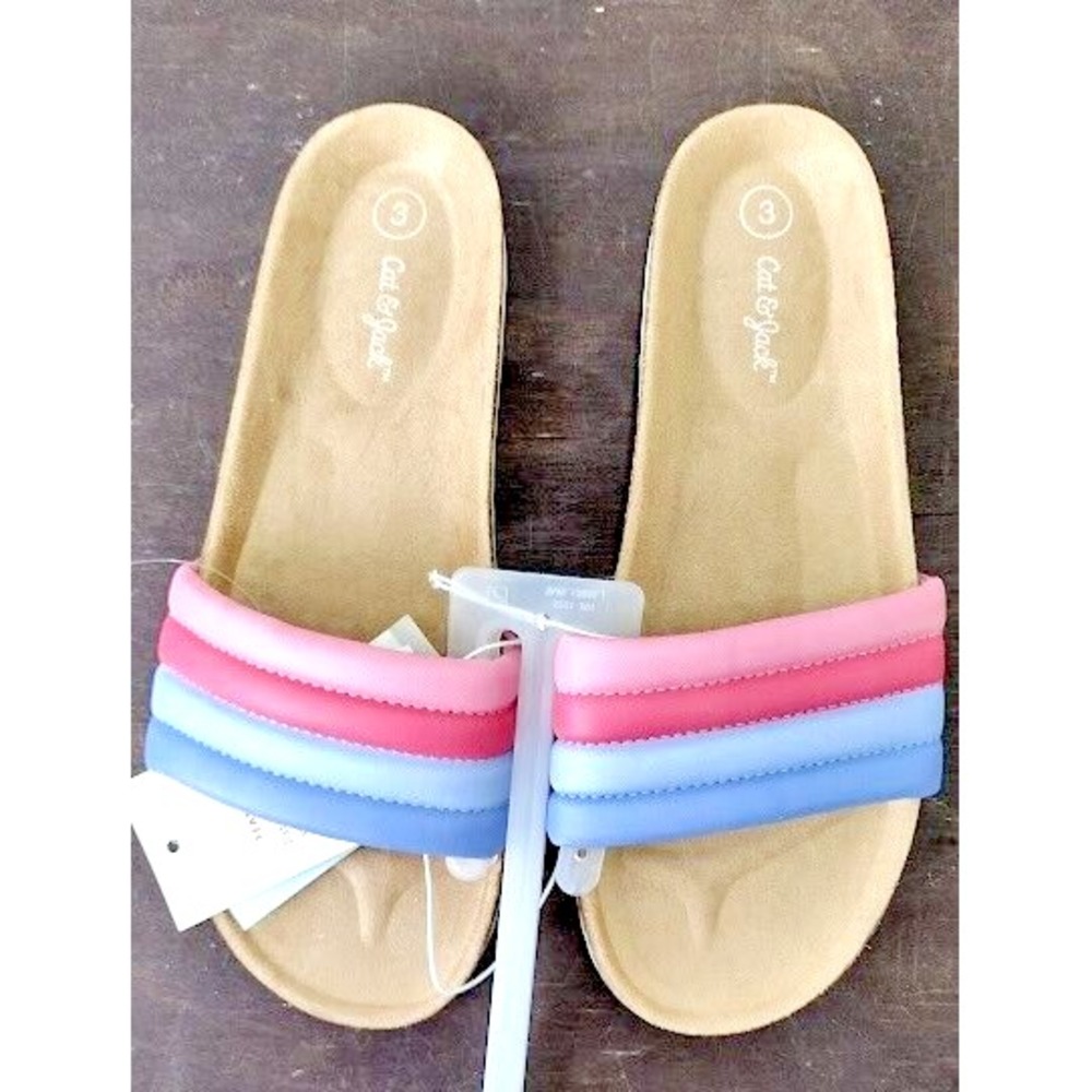Cat Jack Kids Girls Slides‎ Size 3 Rainbow Straps Cork Footbed Sandals NWT
